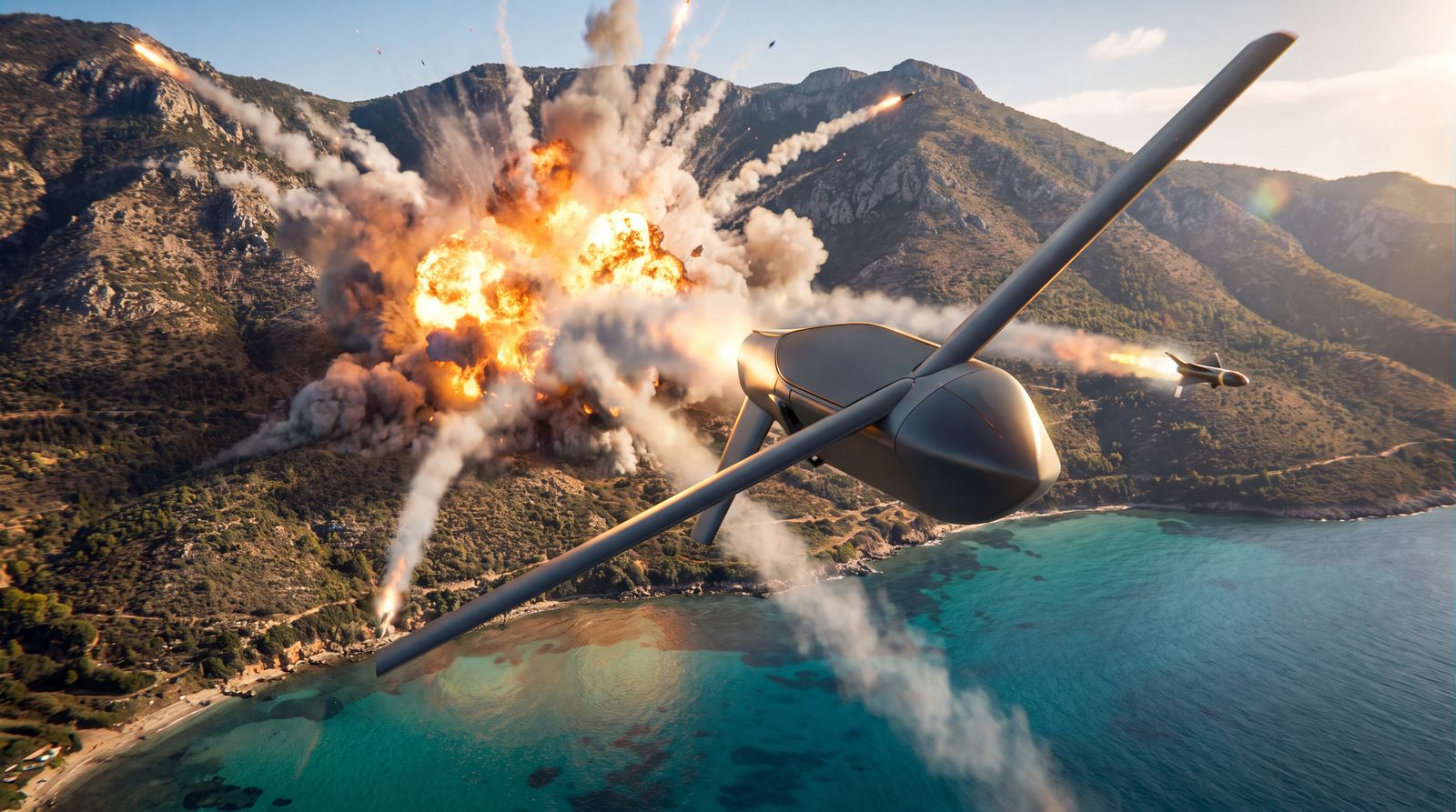 A delta-wing loitering munition over a coastline, with a strike impacting a hillside beyond