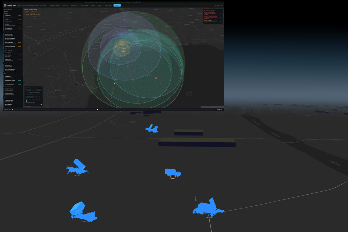 The IAMD Planner interface above a ground-level view of Patriot, LTAMDS and IFPC vehicles sited on real terrain